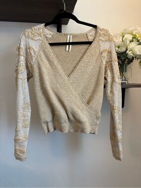 Anthropologie Wrap-Front Cozy Knit Embroidered Sweater Tan Neutral
